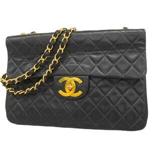 Authentic CHANEL Jumbo Maxi XL 24K Gold Flap Bag Lambskin Chain Shoulder Black